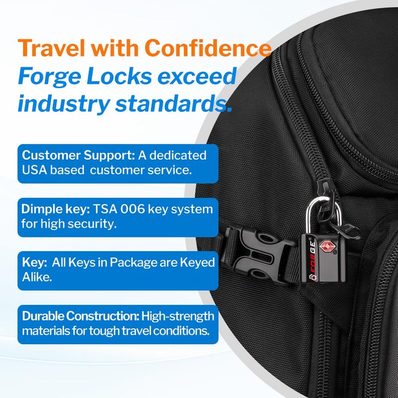 Forge Smal TSA Approved Luggage Locks: Ultra Secure dimple Key Locks with zinc Alloy Body, for Luggage, Travel Cases, Backpacks, Suitcase and More. Black 6PK. - Image 4